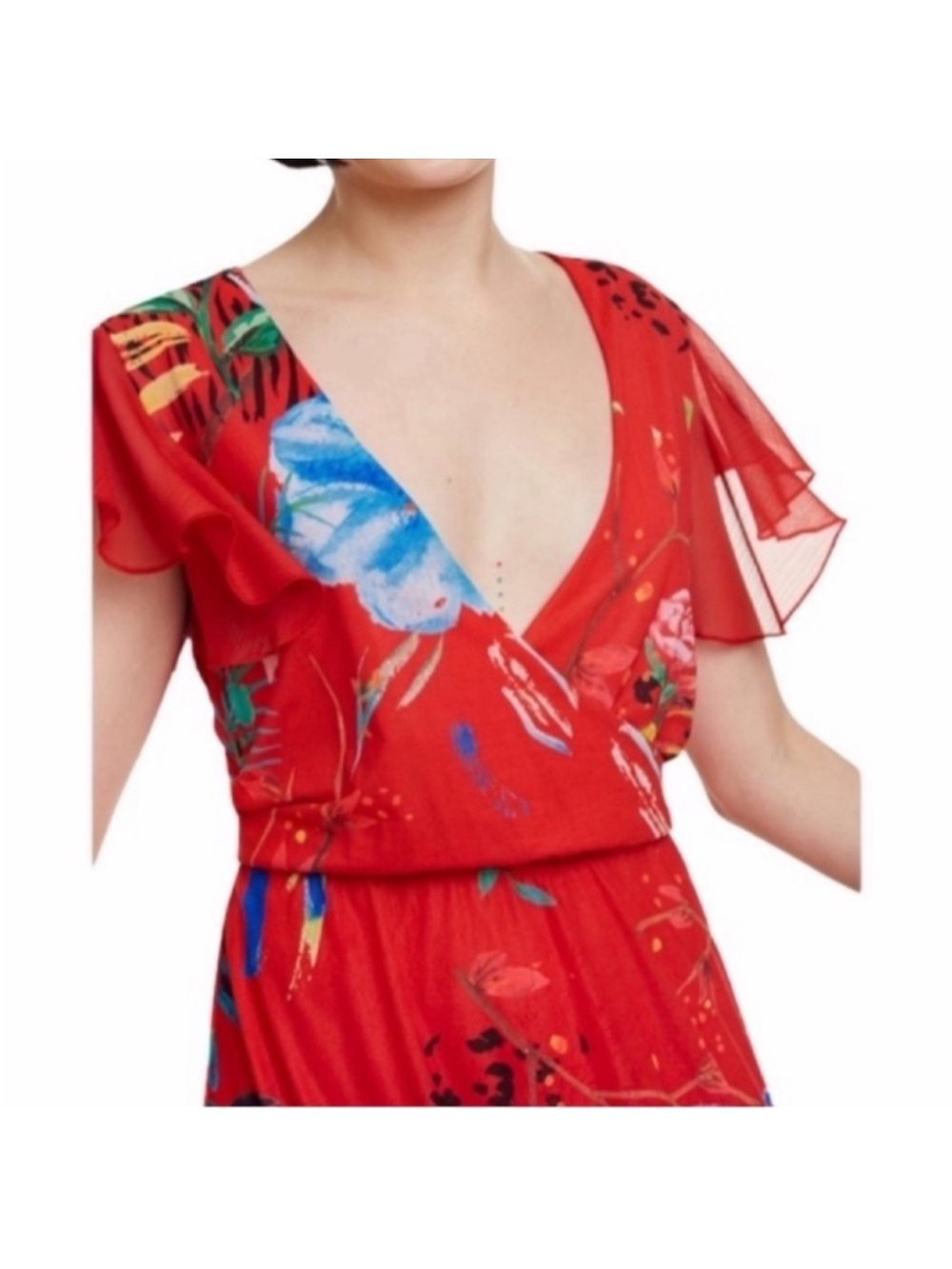 Desigual Miranda NWT bohemian feminine faux wrap red floral sexy dress medium - Picture 7 of 16
